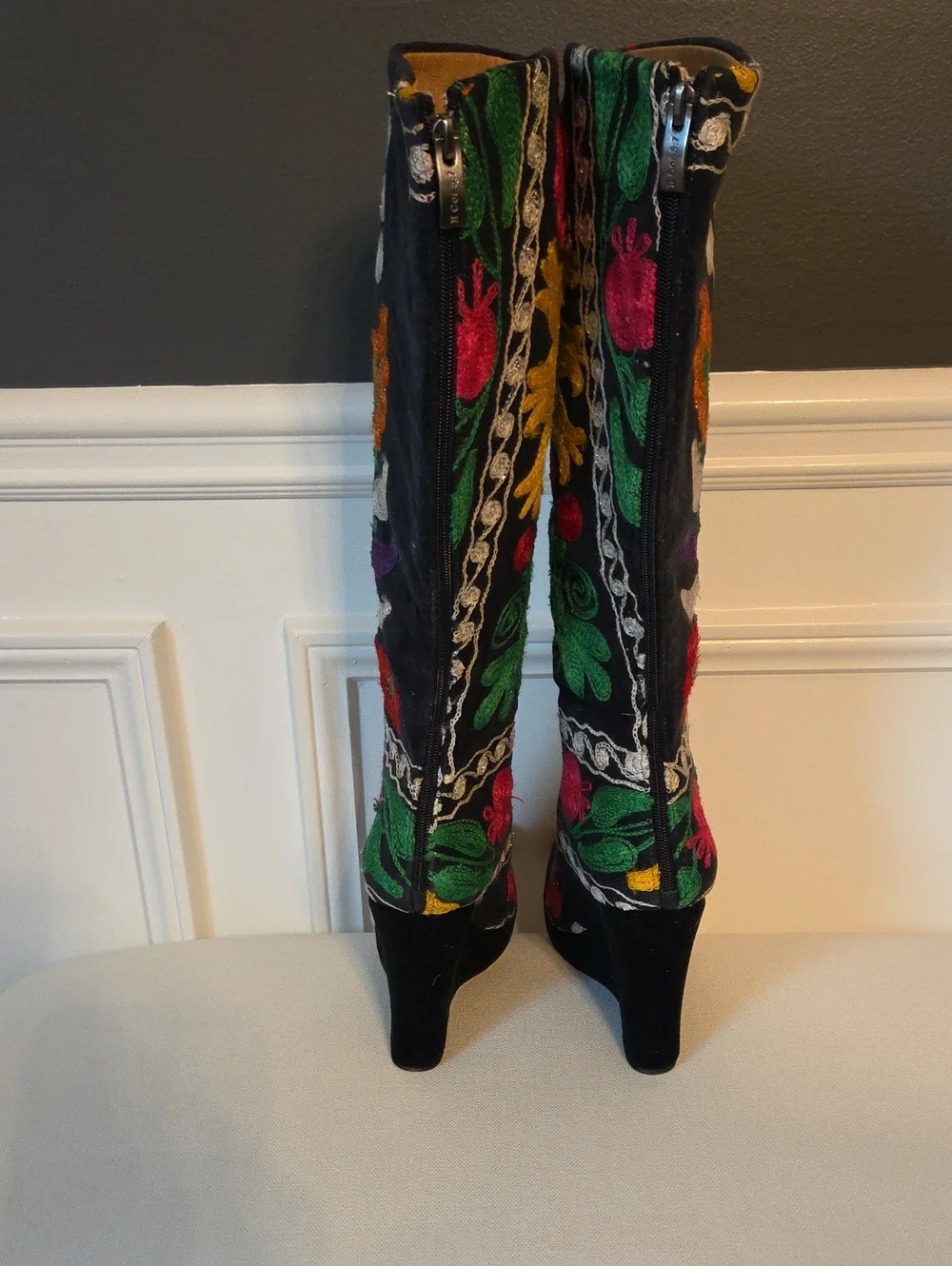 Rockwell Tharp Black Floral Embroidered Wedge Knee-High Boots